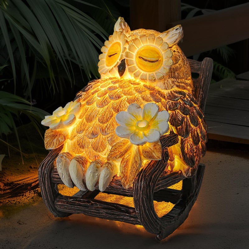 LIULO TOOL Light Up Owl on Chair Garden Sculpture, LED Solar Powered Owl Lying on The Chair, Cute Figurine Crafted Statue for Home Fireplace Outdoor Centerpiece Collection Decoration, 3x3x4 in - Image 1
